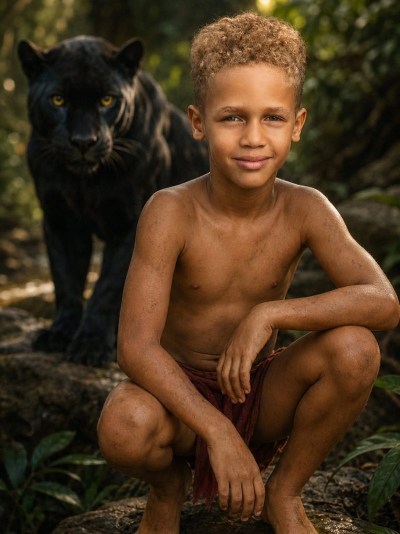 Keanu Tetteh crouching in a jungle with a black panther behind him, editorial shoot